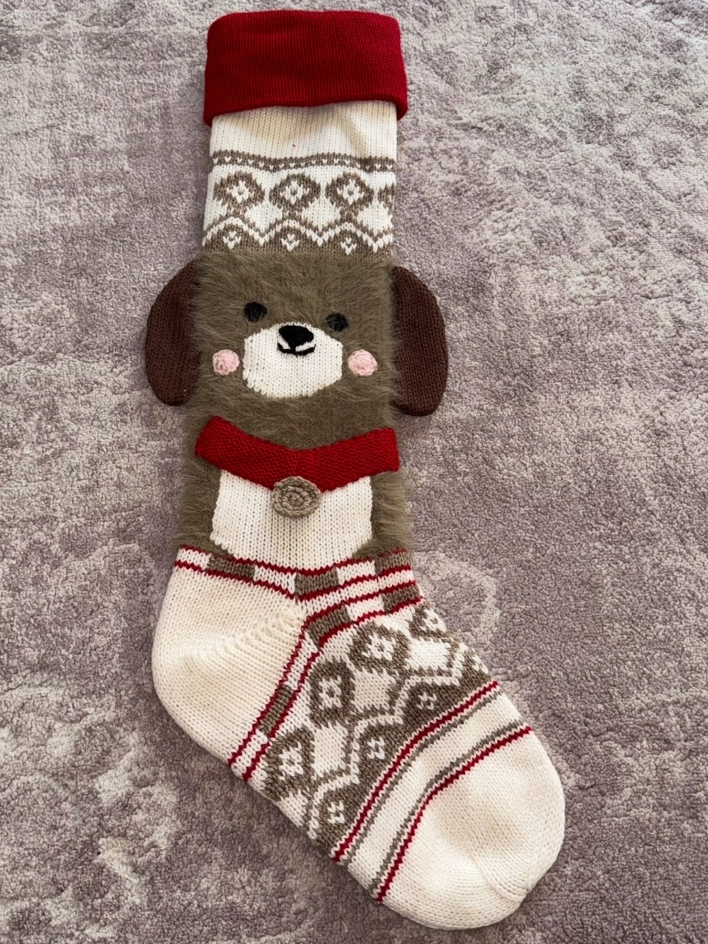 Pottery Barn Kids Soft Dog Long 29” Knit White Red Brown Christmas Stocking
